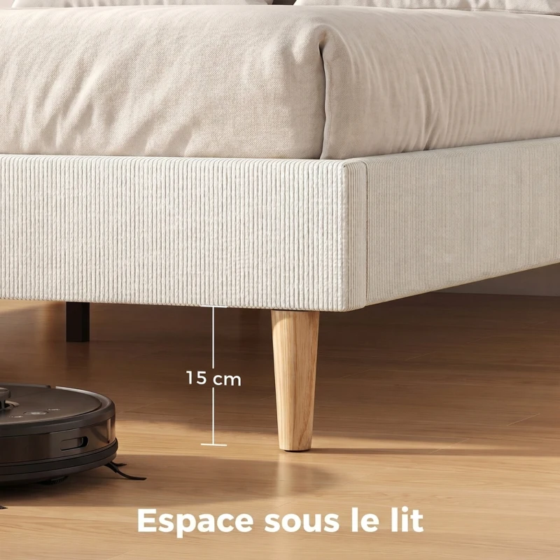 HOMCOM Cadre de Lit 140 x 190 cm avec Sommier, Lit Double Rembourré en Velours Côtelé, Espace de Rangement Au-Dessous, Crème