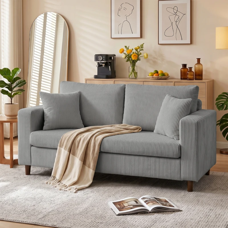 HOMCOM Sofá de 2 Plazas Tapizado en Pana con Asiento Ancho y Profundo y Patas de Madera 170x80x82 cm Gris Claro