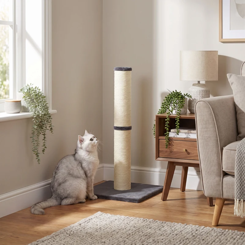 PawHut Tiragraffi per Gatti Alto 80 cm con Corda in Sisal e Base in Truciolato e Peluche, Grigio Scuro