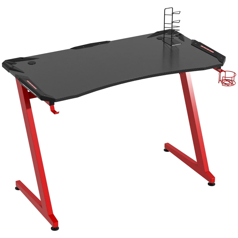 HOMCOM Mesa Gaming Escritorio 122x66x76 cm para Ordenador Tablero de Fibra de Carbono Portavasos Gancho para Auriculares Soporte de Gamepad y 2 Orificios Pasacables Negro y Rojo