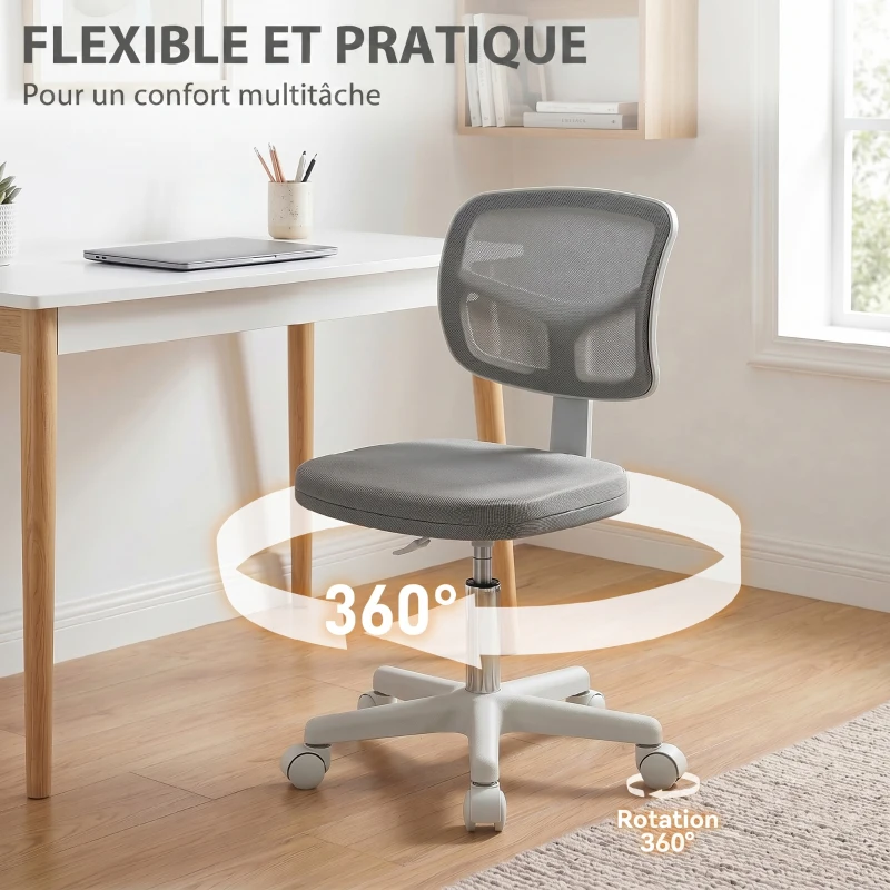 Vinsetto Chaise de Bureau Ergonomique Sans Accoudoirs, Fauteuil de Bureau Pivotant, Dossier Courbé en Maille et Roulettes, Gris