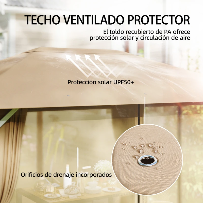 Outsunny Carpa para Jardín 3x4 m con Techo Ventilado 4 Paredes y 4 Mosquiteras UPF50+ para Exterior Terraza Caqui