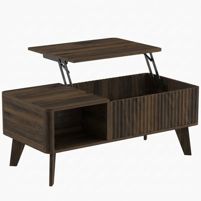 HOMCOM Mesa de Centro Elevable con Compartimento Oculto Estantes Abiertos Frontal Ondulado 100x48x41-56 cm Nogal