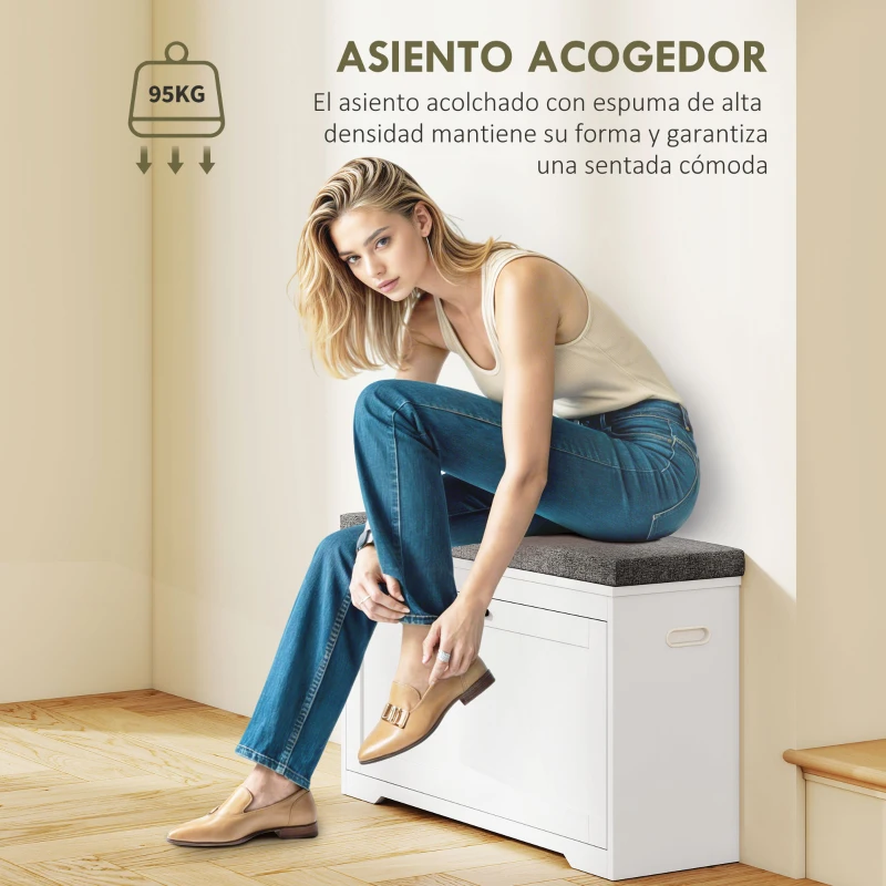 HOMCOM Banco Zapatero Moderno con Asiento Acolchado Estante Ajustable para 8 Pares de Zapatos para Entrada 80x30x50 cm Blanco