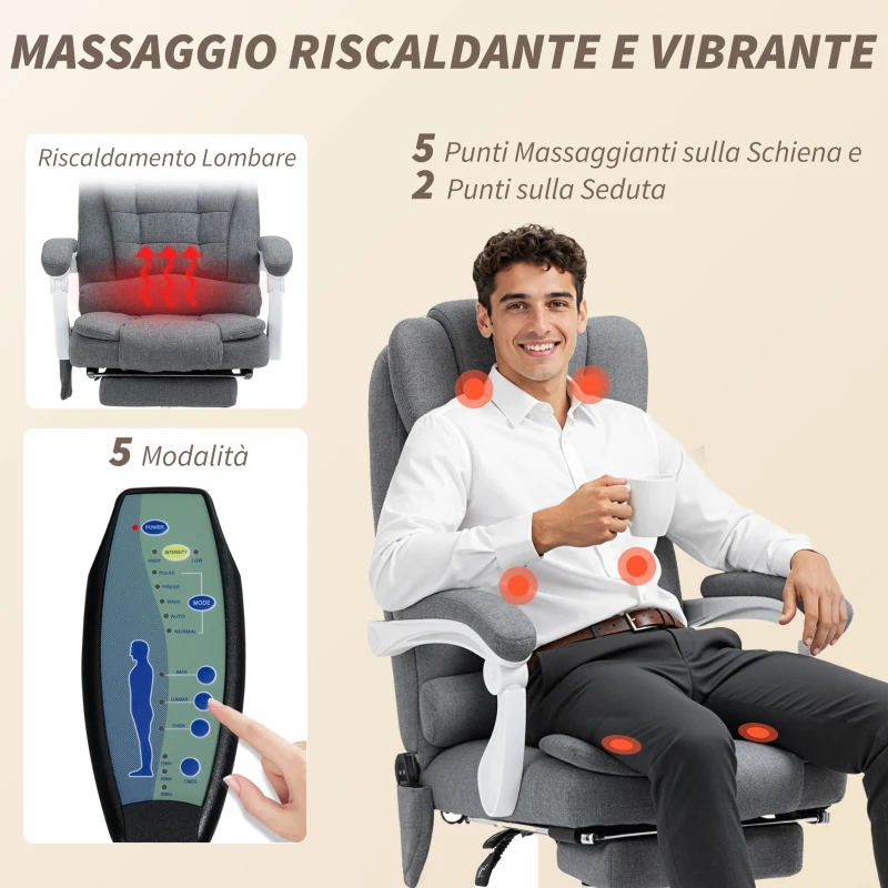 Vinsetto Poltrona da Ufficio con Telecomando e 6 Punti di Massaggio, in Tessuto Effetto Lino, 67x79x111-121 cm, Grigio