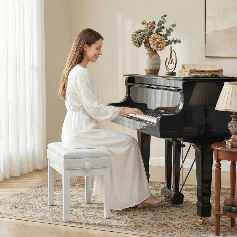 HOMCOM Banquette tabouret siège pour piano coffre intégré hauteur réglable bois hévéa assise revêtement synthétique blanc