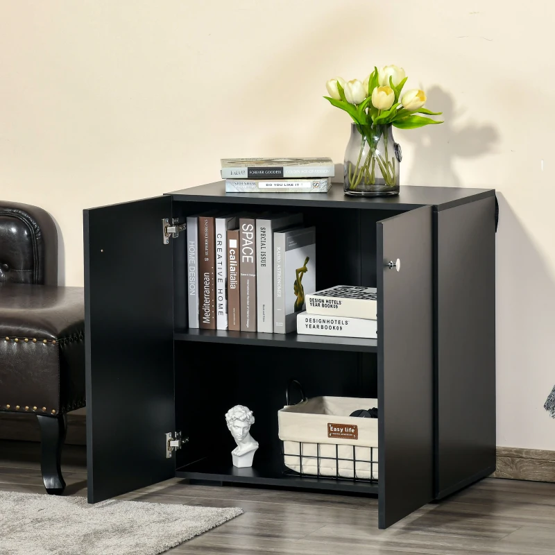 HOMCOM 2 Tier Bookcase, Wooden Storage Cabinet with 2 Doors, Freestanding Sideboard for Living Room, Home Office and Study, Black