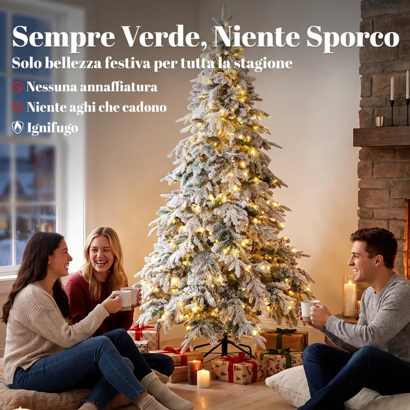 HOMCOM Albero Natale Innevato 180cm con Luci LED 350 Bianco Caldo, Timer, Telecomando, 8 Modalità, 740 Rami Ignifughi