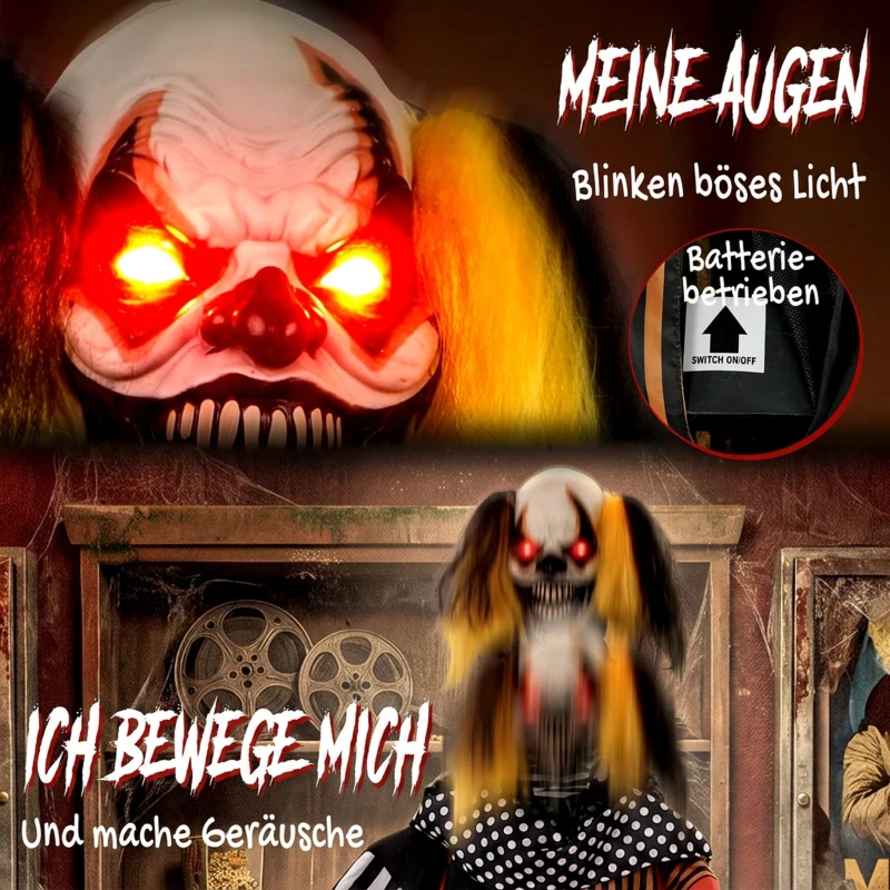 HOMCOM Animowany klaun z popcornem na Halloween z wyskakującą głową, strasznymi dźwiękami, muzyką jarmarczną i świecącymi oczami