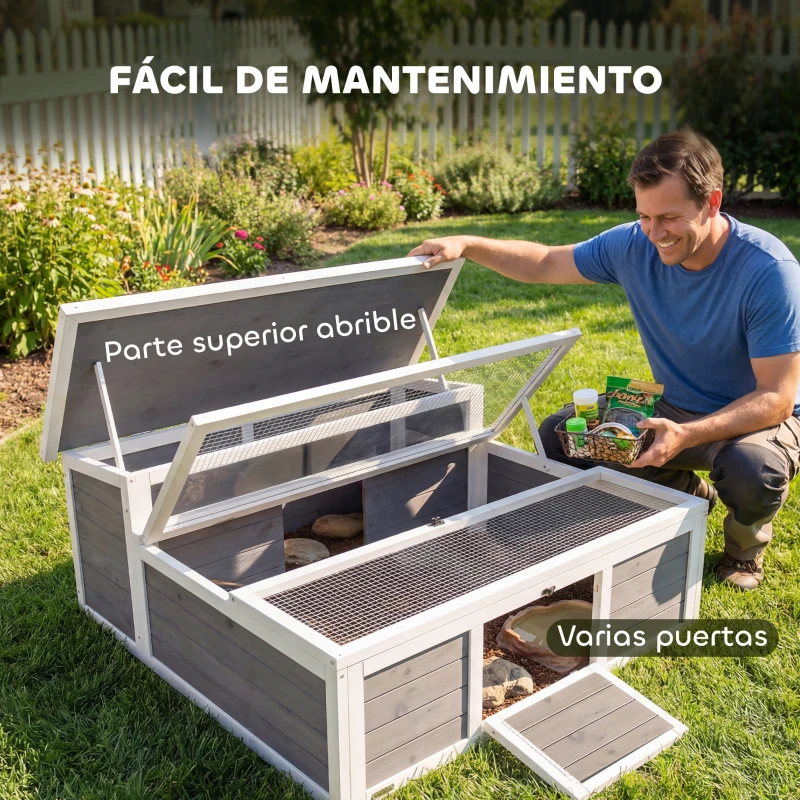 PawHut Casa para Tortugas de Madera Terrario para Reptiles Ventana Transparente Techo Abatible 113x106,5x44,5 cm Gris Oscuro