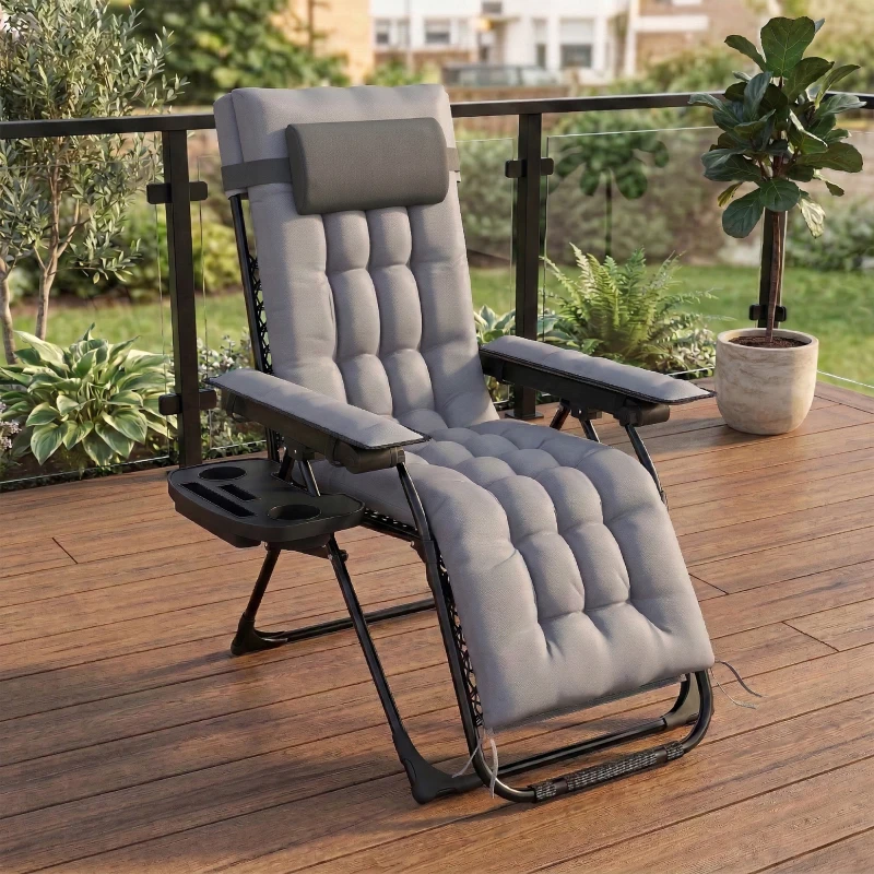 Outsunny Chaise de Gravité Zéro avec Accoudoirs, Coussin, Porte-Gobelet, Appuie-tête, Dossier Réglable, 65x93x108cm, Gris Clair