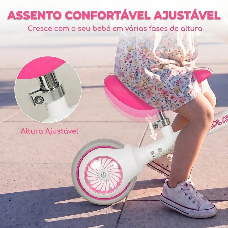 AIYAPLAY Bicicleta sem Pedais Rosa com Assento Ajustável e Rodas Traseiras com Luzes para Meninos e Meninas de 1 a 2 Anos