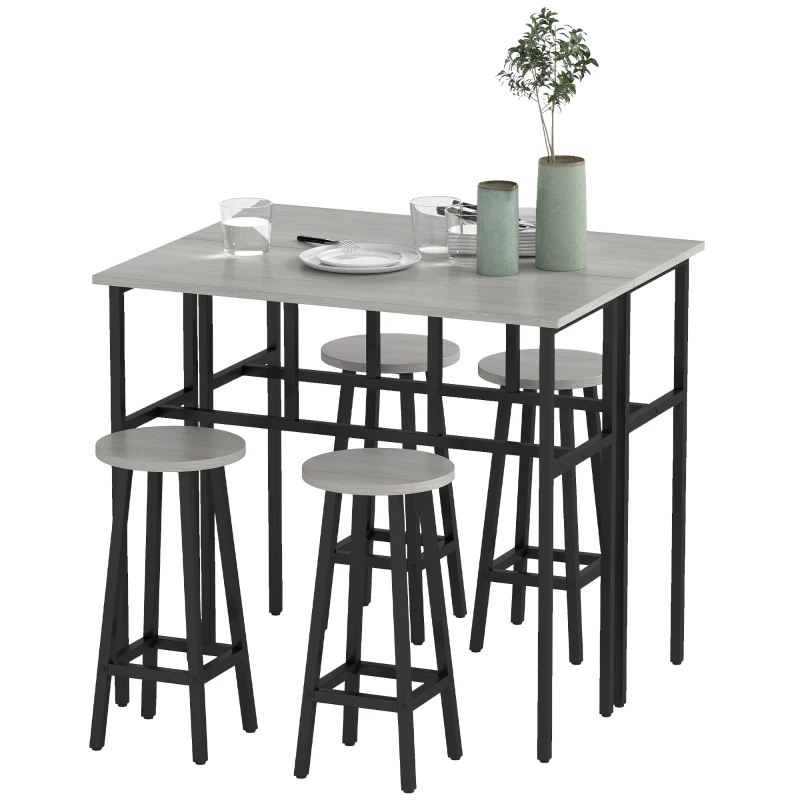 HOMCOM 6-Piece Bar Table Set, 2 Breakfast Tables with 4 Stools, Counter Height Dining Tables & Chairs for Kitchen, Living Room, Grey