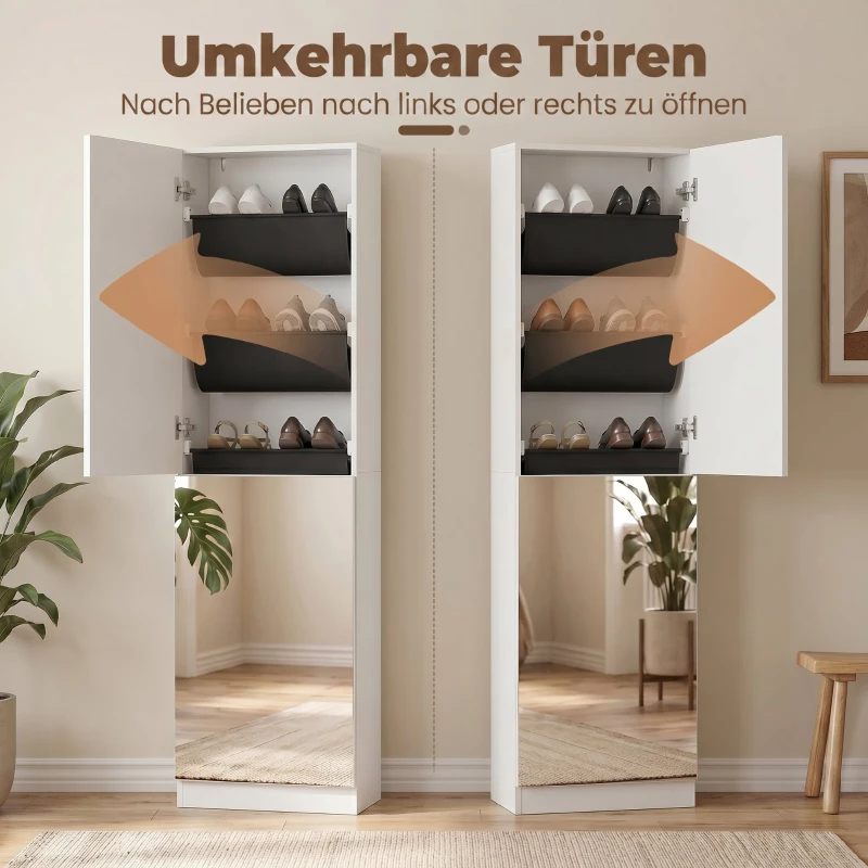 HOMCOM Schuhschrank mit Spiegel, 5-stufiger Schmale Schuhkommode mit Soft-Close-Türen, für 12 Paar, 50 x 20 x 180 cm, Weiß