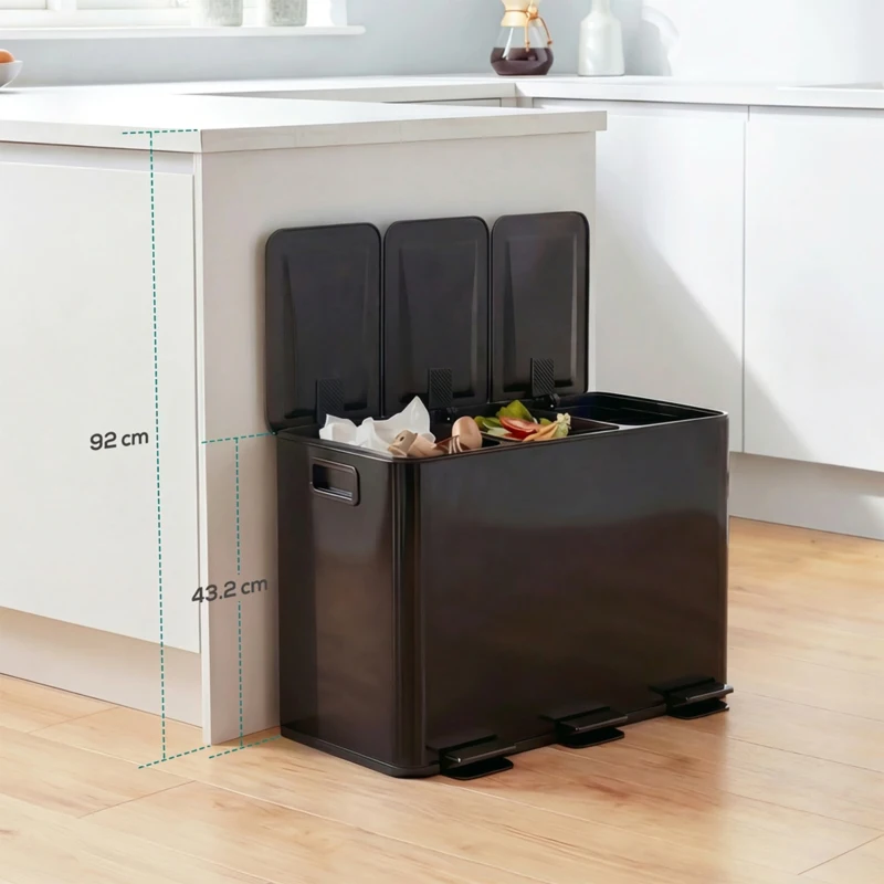 HOMCOM Poubelle de cuisine 45L avec 3 compartiments de 15L, couvercle, seaux intérieurs amovibles, 3 x 15L, noir