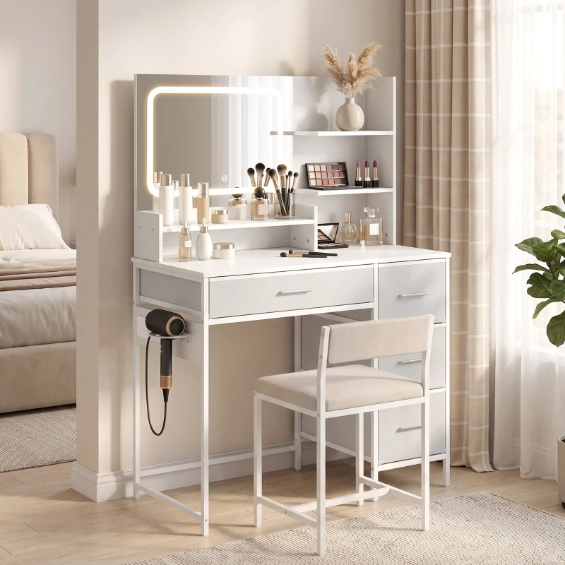 HOMCOM Dressing Table with 3-Colour LED Mirror, Power Outlet, Vanity Desk with 4 Drawers, 5 Shelves, Hair Dryer Holder