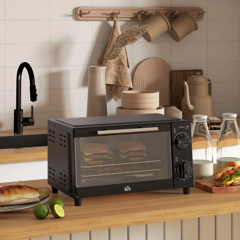 HOMCOM Mini Oven, 9L Countertop Electric Grill, Toaster Oven with Adjustable Temperature, Timer, Dishwasher Safe Baking Tray and Wire Rack, 750W, Black