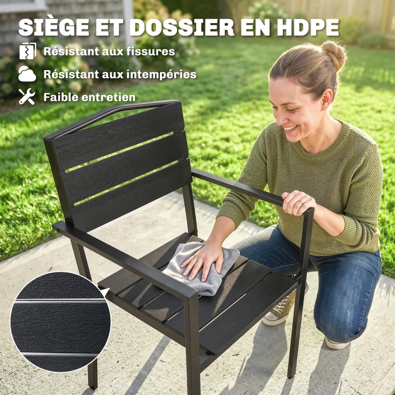 Outsunny Lot de 4 Chaises de Jardin Empilables HDPE Effet Bois avec Accoudoirs Résistant aux Intempéries 52x51x90cm Noir