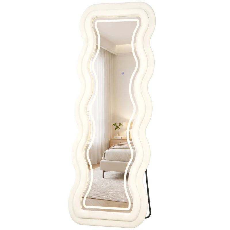 HOMCOM Full Length Mirror, 160 x 60 cm Wavy Full Body Wall Standing Mirror with Velvet Frame and LED Light Strip, Cream White