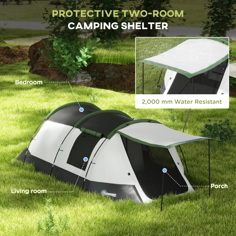 Outsunny 2 Man Camping Tent, with Two Rooms and Porch - Green