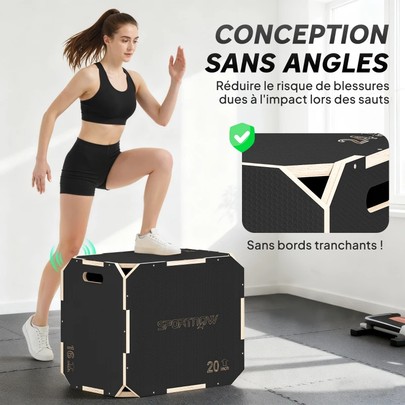 SPORTNOW Boîte pliométrique 3 en 1 en bois pour entraînement au saut antidérapant et sans coins noir