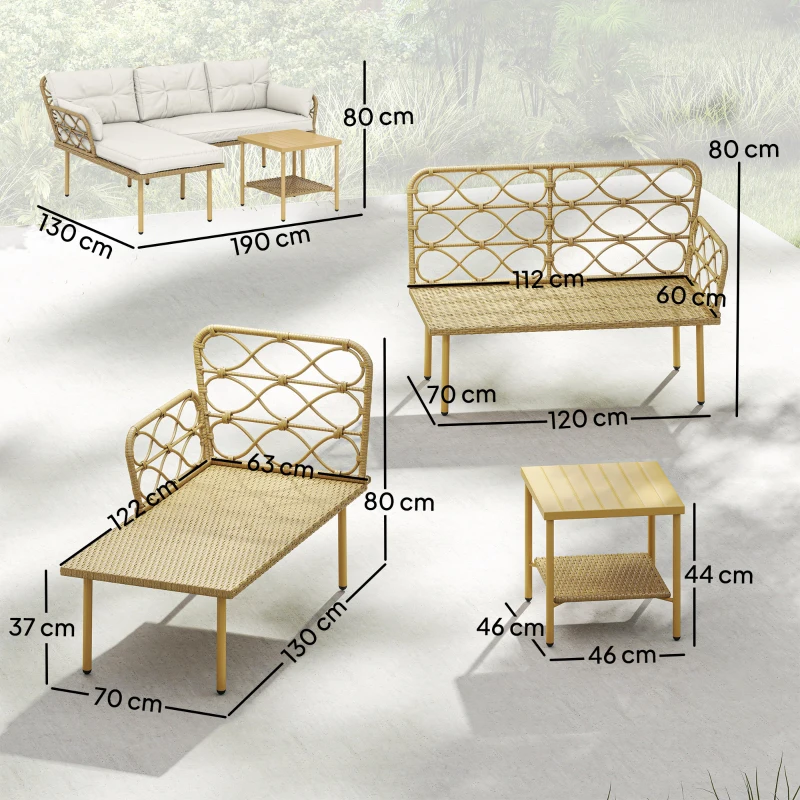 Outsunny Salon de jardin d'angle 4 pers. 3 pièces avec 1 table basse coussins grand confort inclus résine tressée crème