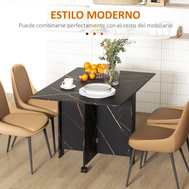 HOMCOM Mesa de Comedor Plegable con Ruedas y 2 Alas Abatibles Hasta 6 Personas Acabado Mármol 120x80x73 cm Negro