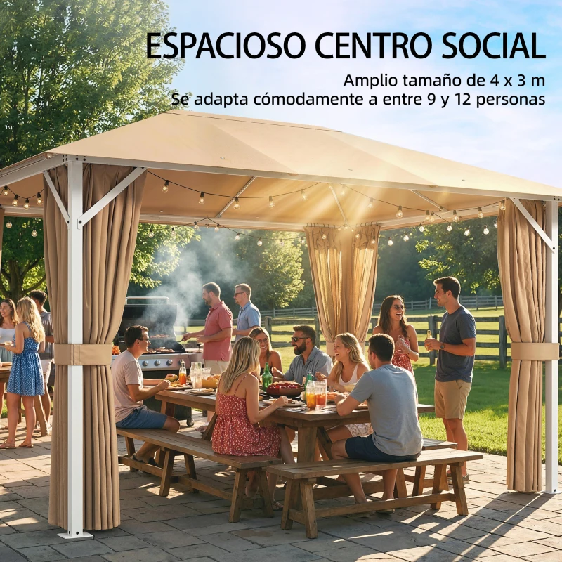 Outsunny Carpa para Jardín 3x4 m con Techo Ventilado 4 Paredes y 4 Mosquiteras UPF50+ para Exterior Terraza Caqui