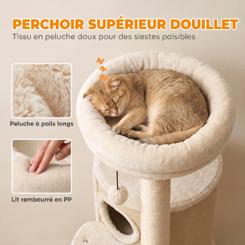 PawHut Arbre à Chat Multi-Niveaux avec Double Niche, Lit, Plateforme, Tapis & Poteaux à Griffer en Sisal, 55x39x90cm, Beige