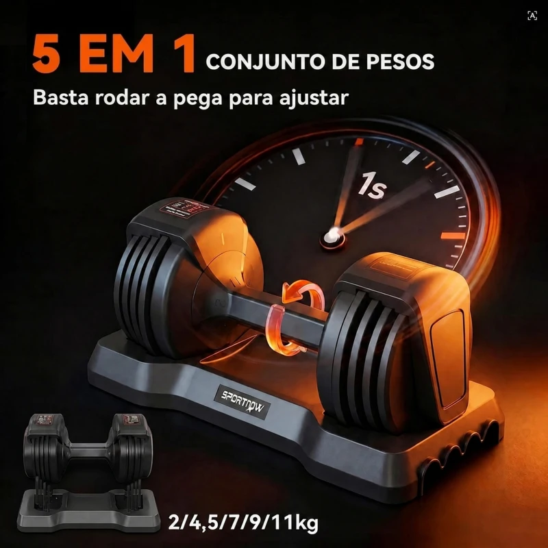 SPORTNOW Haltere Ajustável 11 kg 5 em 1 com Sistema de Ajuste Rápido, Bloqueio de Segurança, Pega Antiderrapante e Base