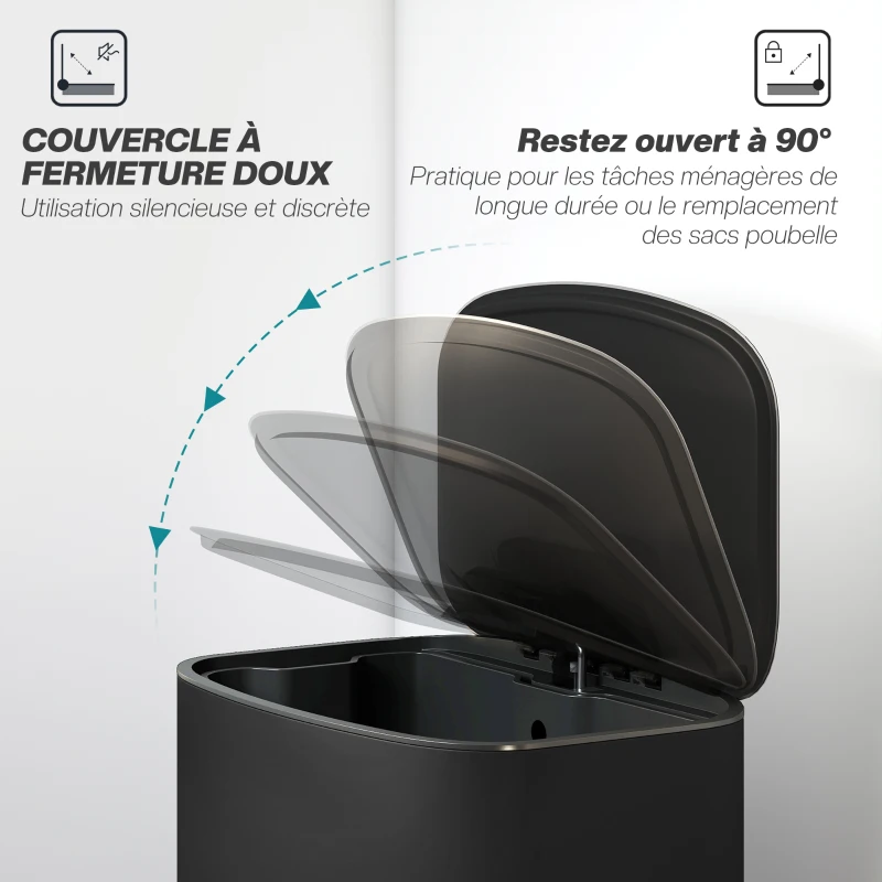 HOMCOM Poubelle cuisine 50L, poubelle à pédale, seau intérieur amovible, couvercle à fermeture douce, 45,1x36,5x62,6cm, noir