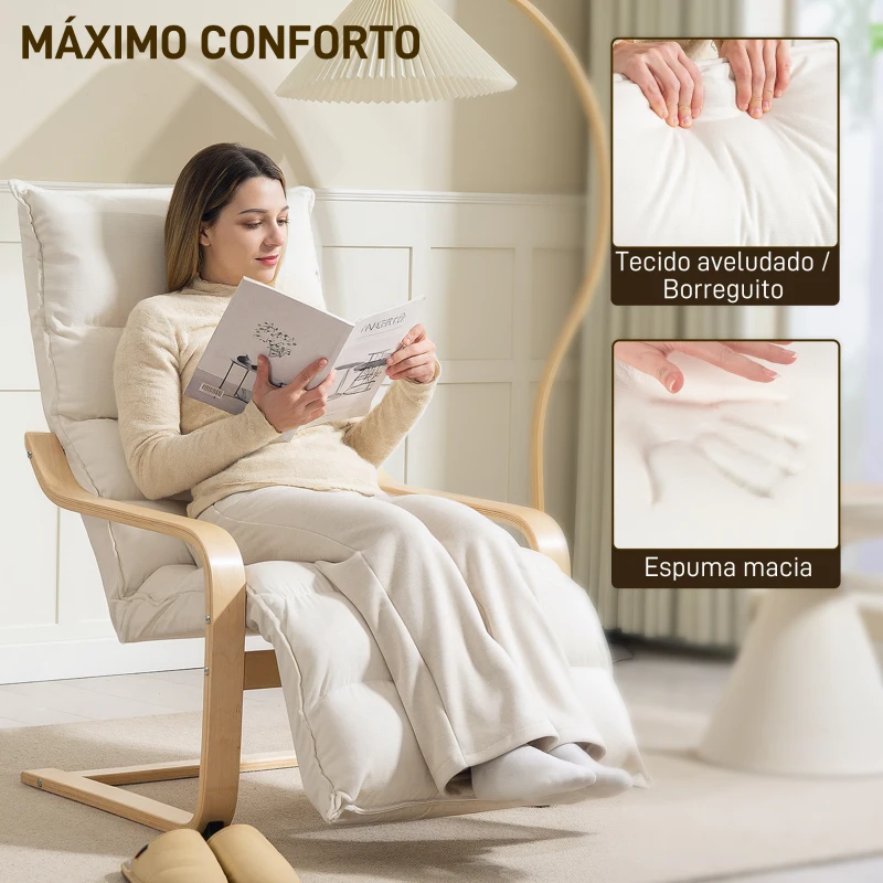 HOMCOM Poltrona de Sala com Apoio para os Pés Ajustável Estofada em Veludo com Estrutura de Madeira 67x93x105 cm Creme