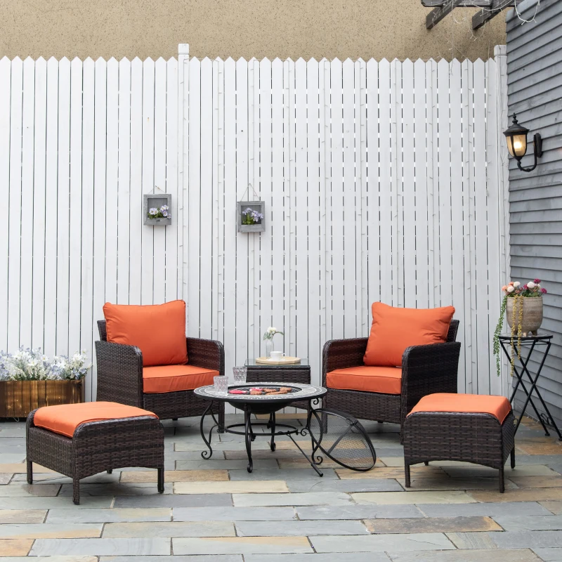 Outsunny 5 Pieces PE Rattan Garden Furniture Set - With 10cm Thick Padded Cushions, Wicker Weave Outdoor Seating Chairs Including 2 Armchairs, 2 Stools, and Glass Top Table, Brown