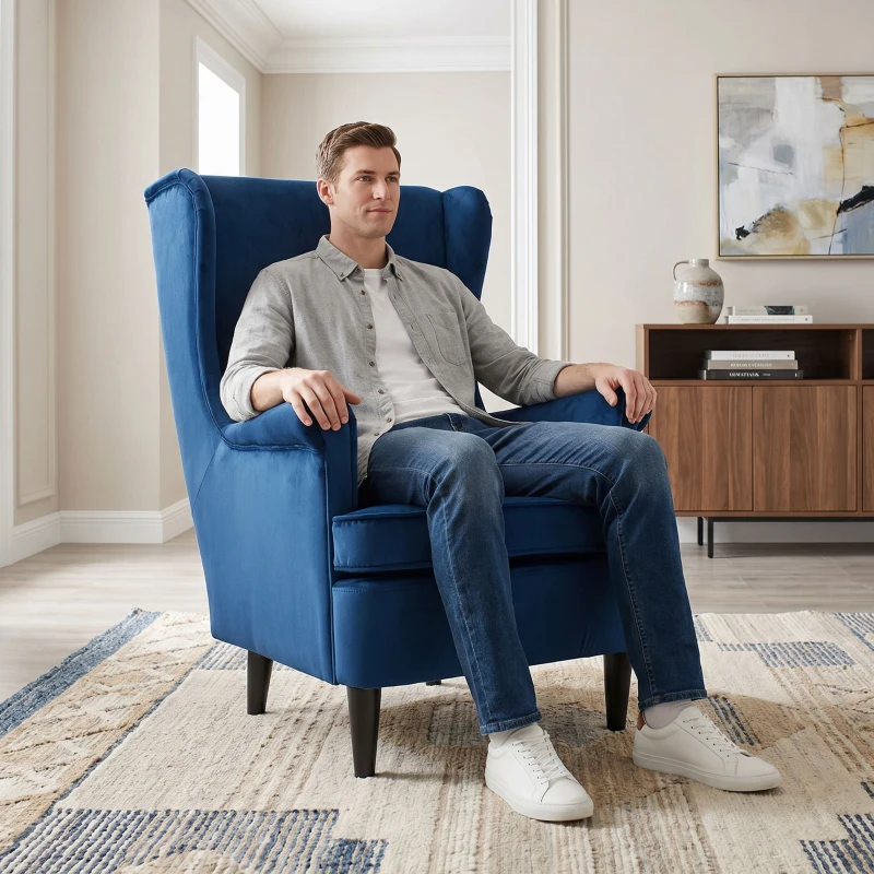 HOMCOM Modern Accent Chair with High Backrest and Pillow, Velvet-Feel Fabric Reading Chair with Solid Wood Legs, Blue