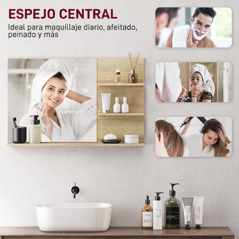kleankin Espejo de Baño de Pared con 2 Estantes Laterales y Estante Inferior para Entrada Pasillo 75x10x48 cm Madera Natural