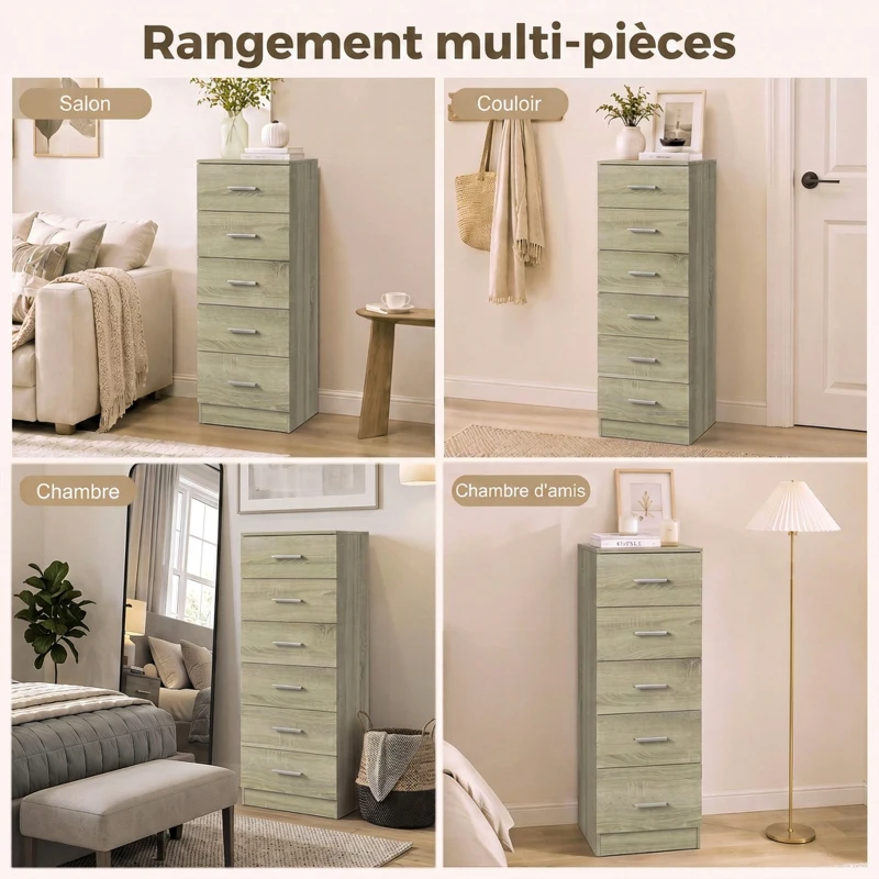 HOMCOM Commode 6 Tiroirs, Meuble de Rangement, Style Moderne, pour Chambre à Coucher, Entrée, Couloir, 40x40x110cm, Chêne