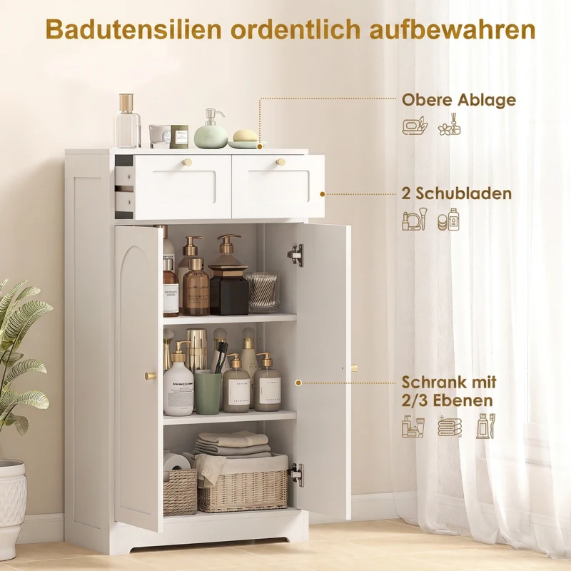 HOMCOM Badezimmerschrank Badschrank schmal mit 2 Schubladen, verstellbarem Einlegeboden 60 x 30 x 108 cm Weiß