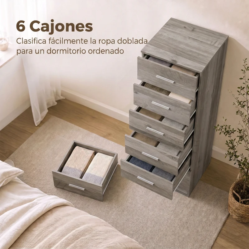 HOMCOM Cómoda de 6 Cajones Cajonera Alta para Dormitorio con Antivuelco 40x40x110 cm Gris Claro