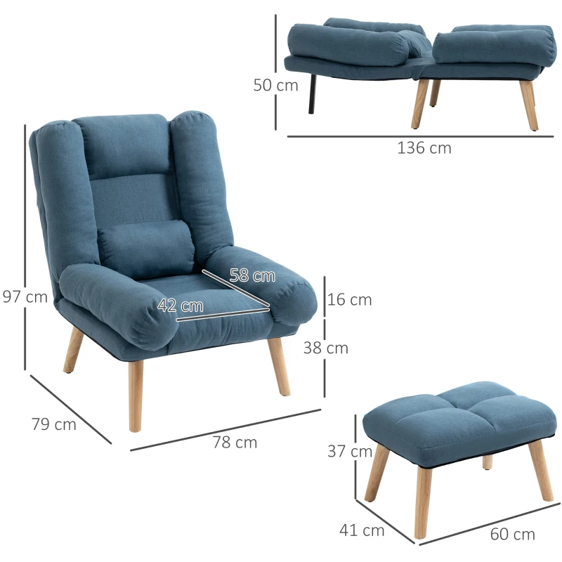 HOMCOM Recliner Chair with Footstool, Recliner Armchair with Adjustable Backrest, Thick Cushion and Wooden Legs, Blue