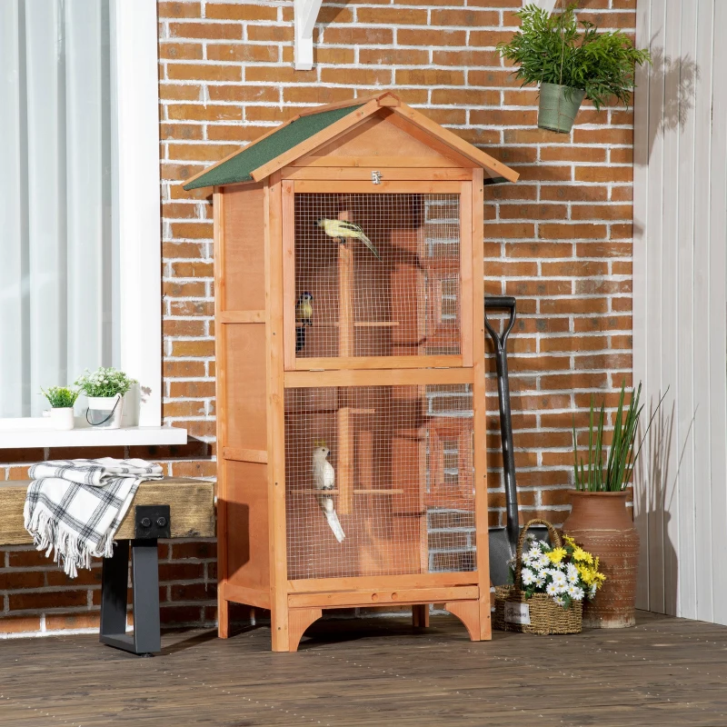 PawHut Gaiola para Pássaros de Madeira com 3 Portas 4 Poleiros Bandeja Amovível e Teto Asfáltico 80,5x57x153 cm Natural