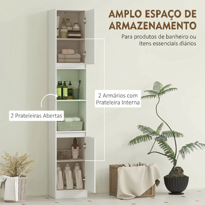 HOMCOM Coluna Estreita para Casa de Banho com 2 Portas e 2 Prateleiras Abertas, Ideal para Espaços Pequenos, 30x24x170 cm, Branco