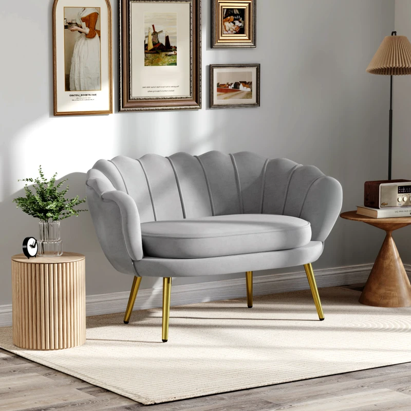 HOMCOM Canapé 2 places en tissu velours en forme de coquillage avec coussin épais de 10 cm pieds dorés effilés gris clair