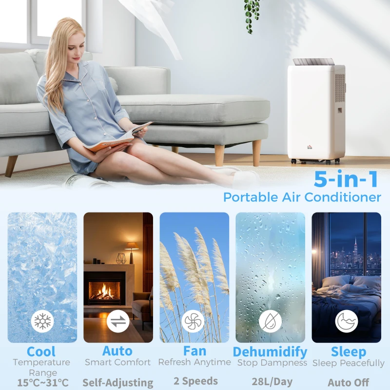 HOMCOM 12,000 BTU 5-in-1 Mobile Air Conditioner, 35m² Radius - White