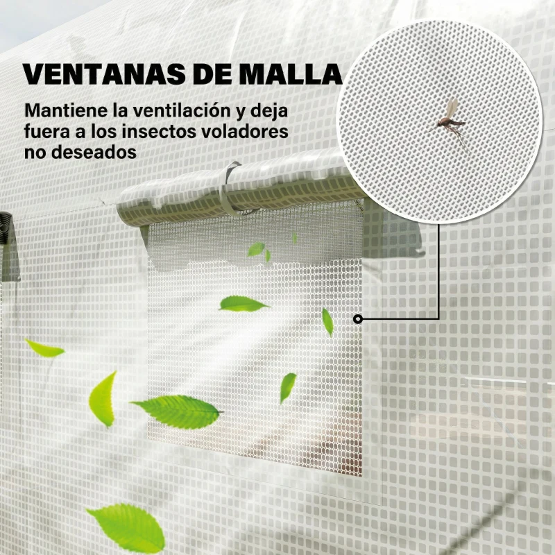 Outsunny Invernadero de Túnel 4x3x2 m con Puerta de Malla y 8 Ventanas con Techo Puntiagudo Cubierta de PE Blanco