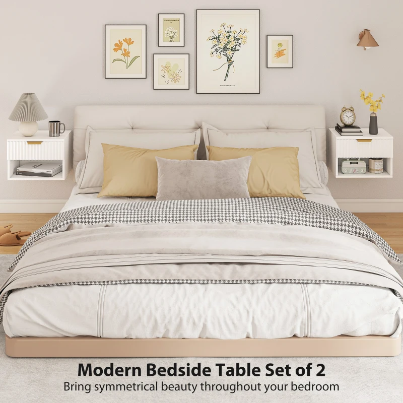 HOMCOM Floating Nightstands Set of 2, Modern Wall Mounted Bedside Tables, White
