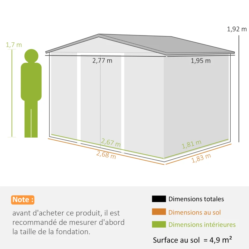 Outsunny Abri de jardin 5,4 m² 2,77 x 1,95 x 1,92 m kit de fondation incluse porte coulissante ventilations tôle acier gris foncé