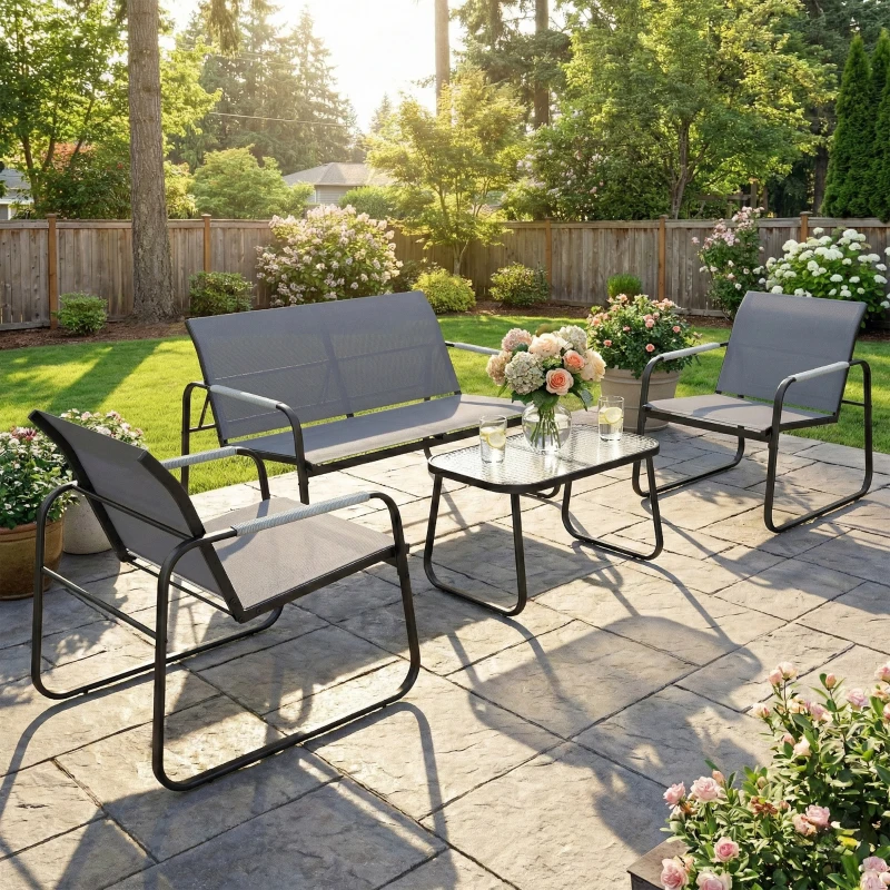 Outsunny Salon de Jardin Ensemble de Terrasse en Acier et Textilène 4 Pièces avec Accoudoirs Corde Tressée Gris