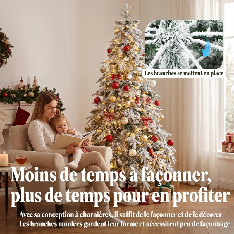 HOMCOM Sapin de Noël Artificiel 180 cm Arbre de Noël Lumineux Enneigé, Branches Articulées, Lumière 350 LEDs, Vert et Blanc