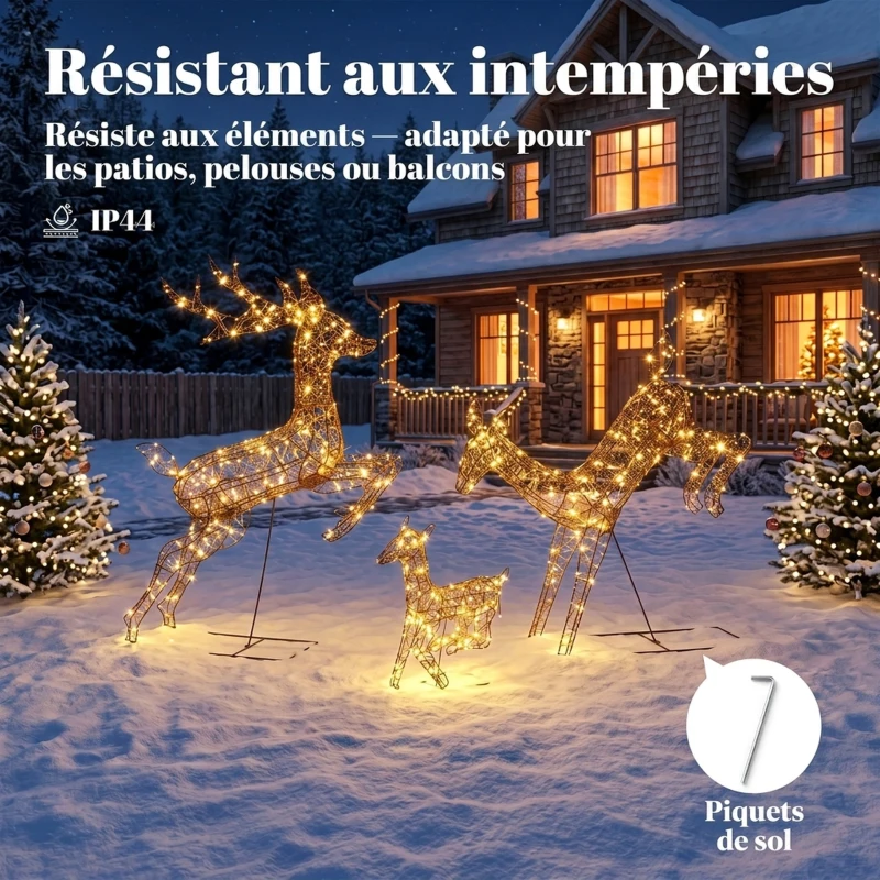 Outsunny Lot de 3 Rennes Lumineux Noël Extérieur 120 cm, Cerf Lumineux Noël avec 200 LED Blanc Chaud, 8 Modes et Minuterie