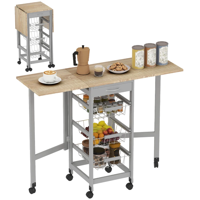 HOMCOM Carucior de bucătărie cu 3 coșuri, sertar și 2 extensii, din lemn și metal, 37x37x77.5 cm, gri și stejar